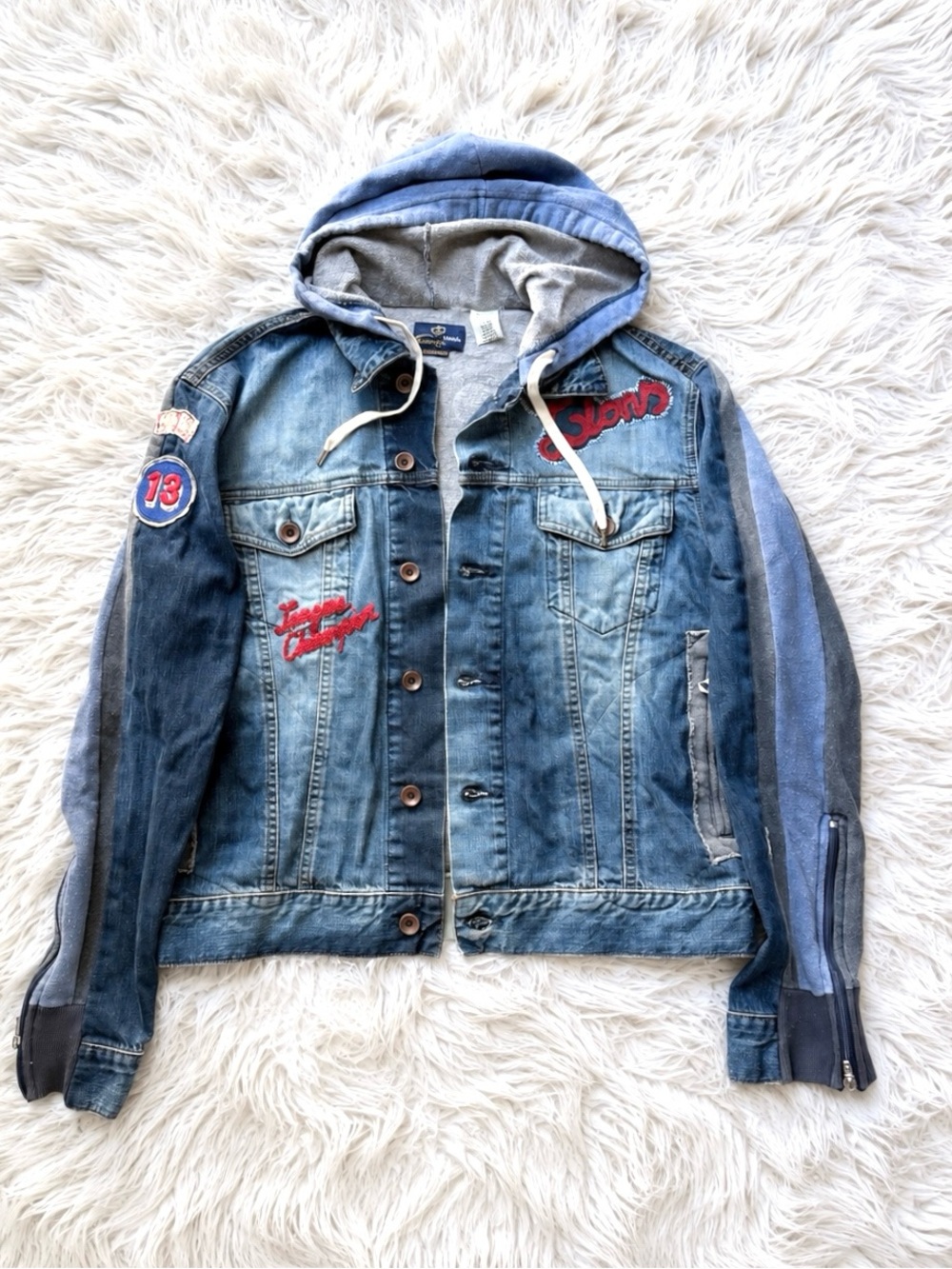 Vintage Y2K Energie Denim Hoodie Jacket XL Made in Italy Patch Moto 2000s